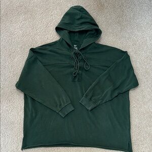 Aerie Oversized Lace Up Hoodie-Distressed Hunter Green, boxy fit. Size Medium